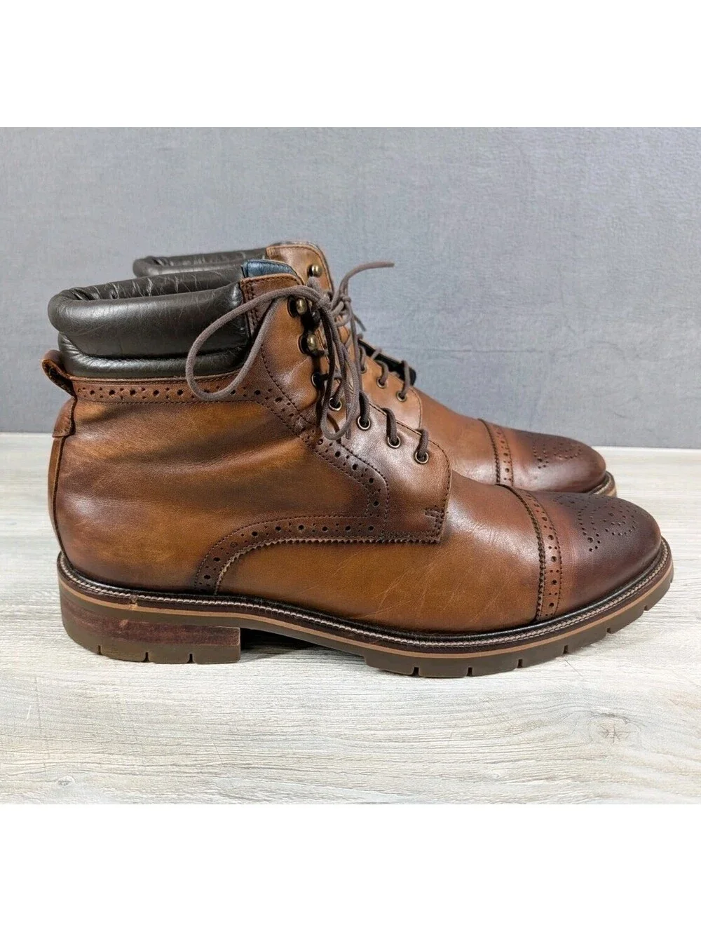 Johnston Murphy Mens 13M Brown Leather Cap Toe Brogue XC Flex Ankle Boots Lug